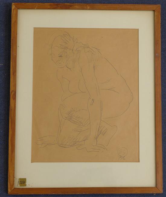 § Duncan Grant (1885-1978) Crouching female nude, 13.25 x 10.5in.